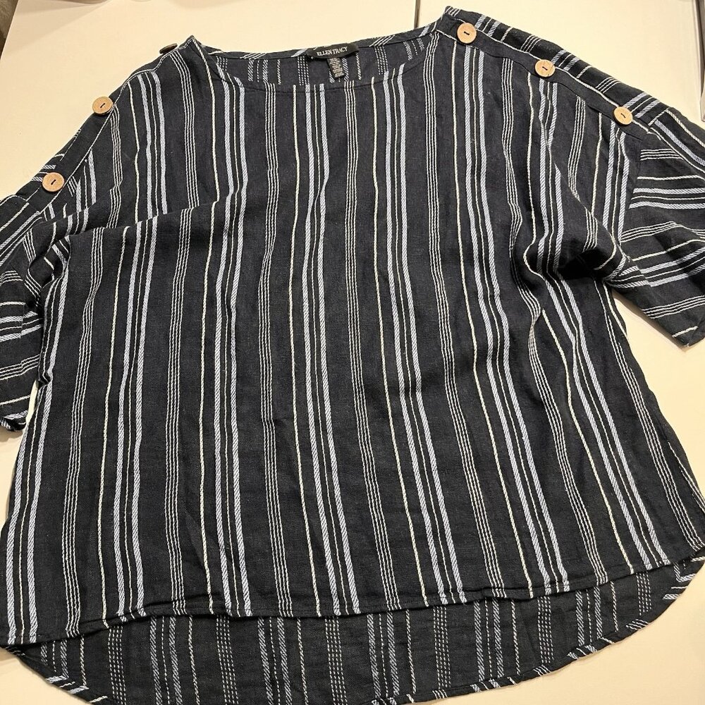 Ellen Tracy Linen Striped Blouse Short Bell Sleeves Size XL